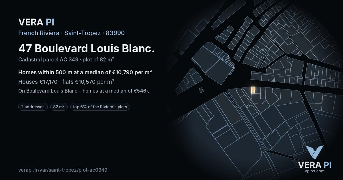 47 Boulevard Louis Blanc, Saint-Tropez at night – the plot lit, the parcels around coloured by the prices near them