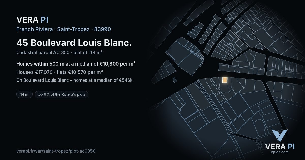 45 Boulevard Louis Blanc, Saint-Tropez at night – the plot lit, the parcels around coloured by the prices near them