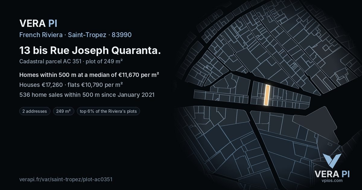 13 bis Rue Joseph Quaranta, Saint-Tropez at night – the plot lit, the parcels around coloured by the prices near them