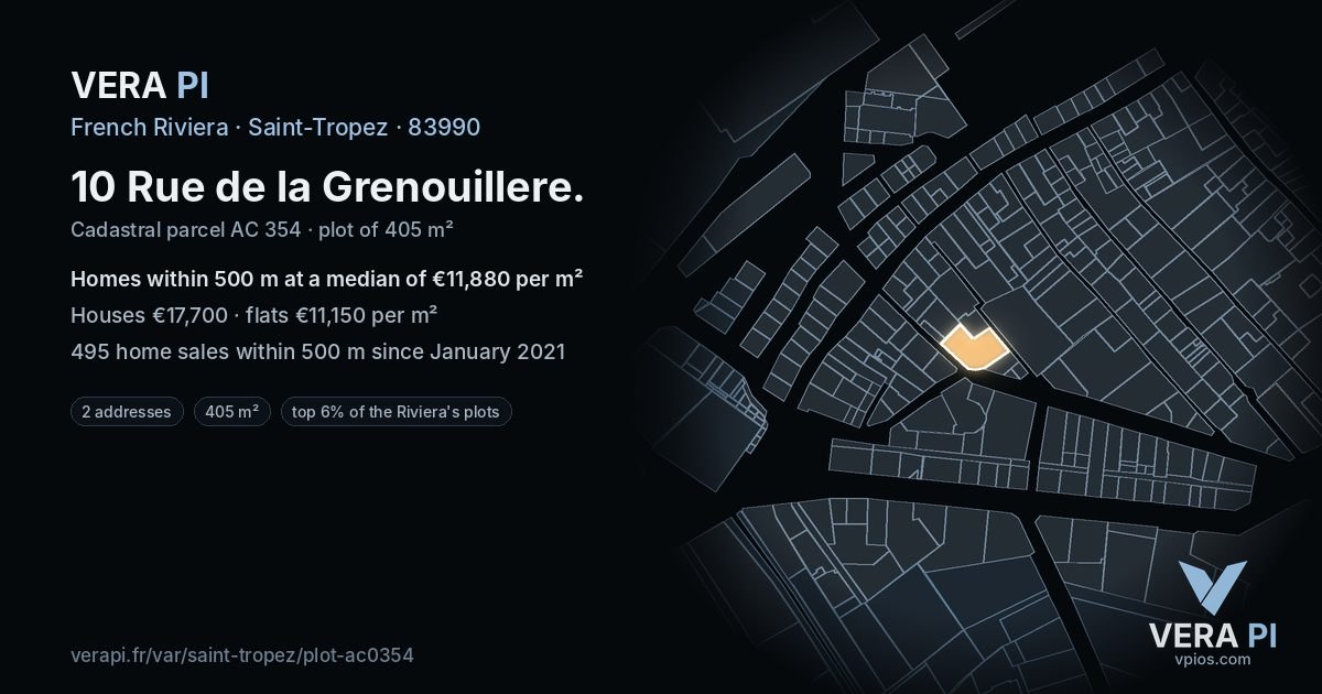 10 Rue de la Grenouillere, Saint-Tropez at night – the plot lit, the parcels around coloured by the prices near them