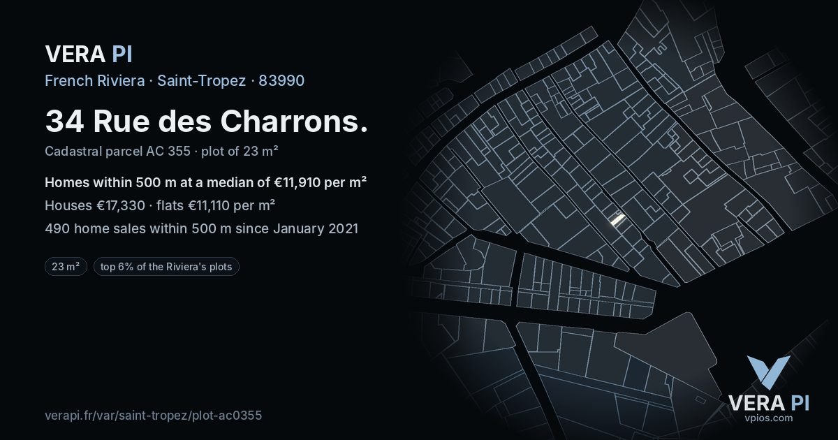 34 Rue des Charrons, Saint-Tropez at night – the plot lit, the parcels around coloured by the prices near them
