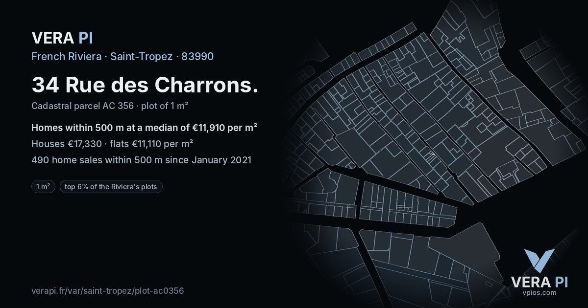 34 Rue des Charrons, Saint-Tropez at night – the plot lit, the parcels around coloured by the prices near them