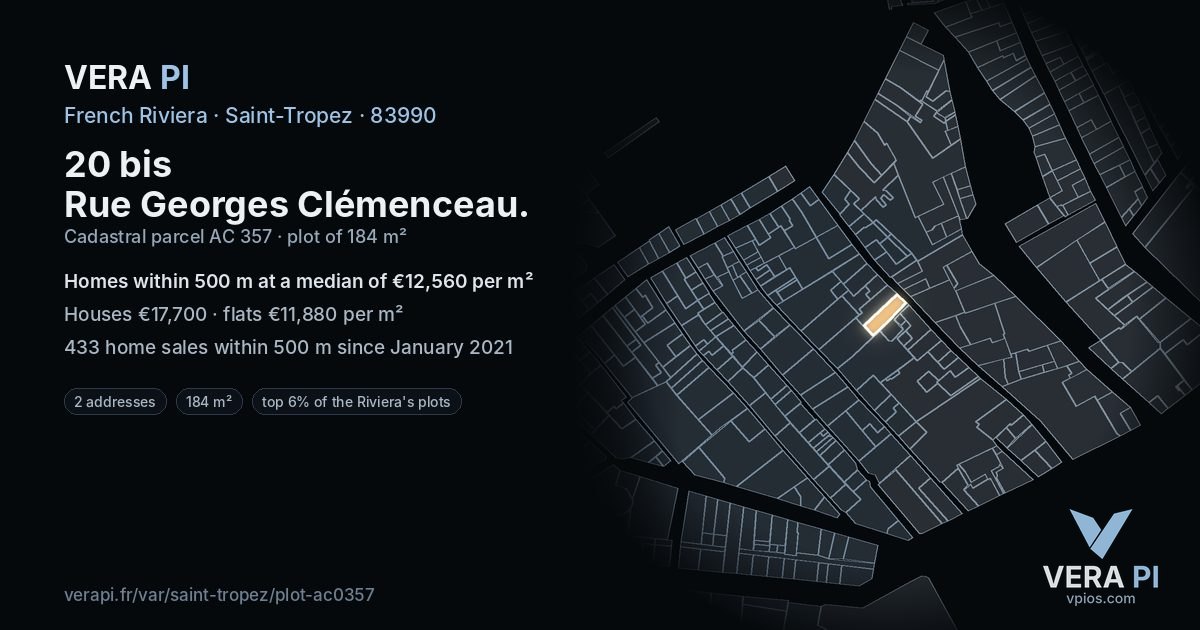 20 bis Rue Georges Clémenceau, Saint-Tropez at night – the plot lit, the parcels around coloured by the prices near them