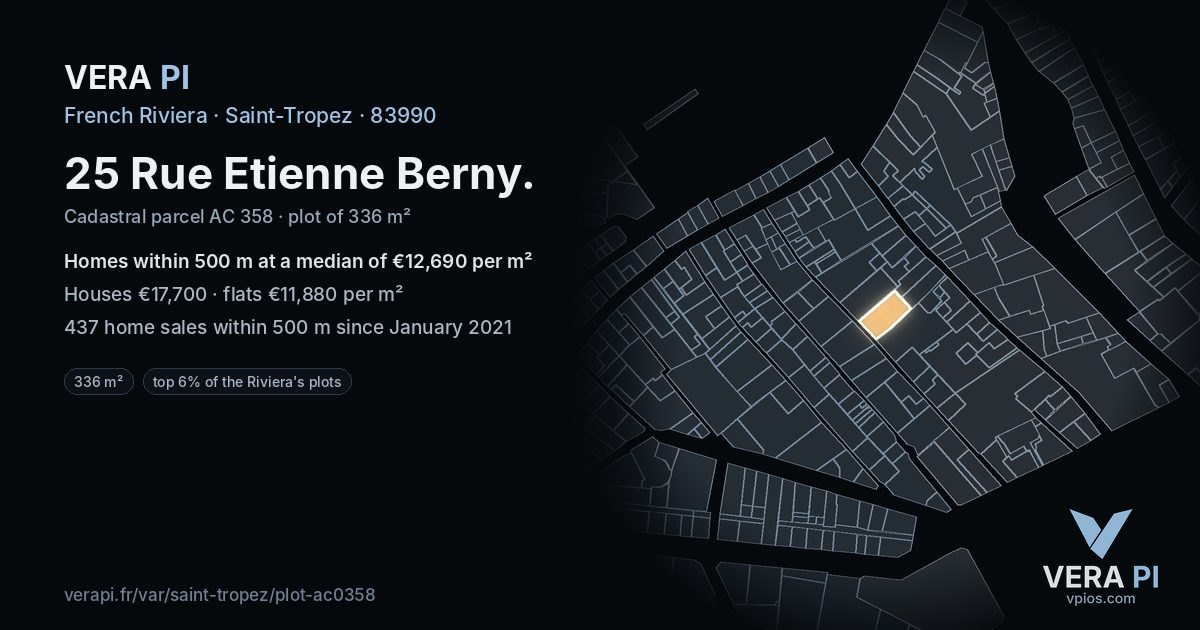 25 Rue Etienne Berny, Saint-Tropez at night – the plot lit, the parcels around coloured by the prices near them