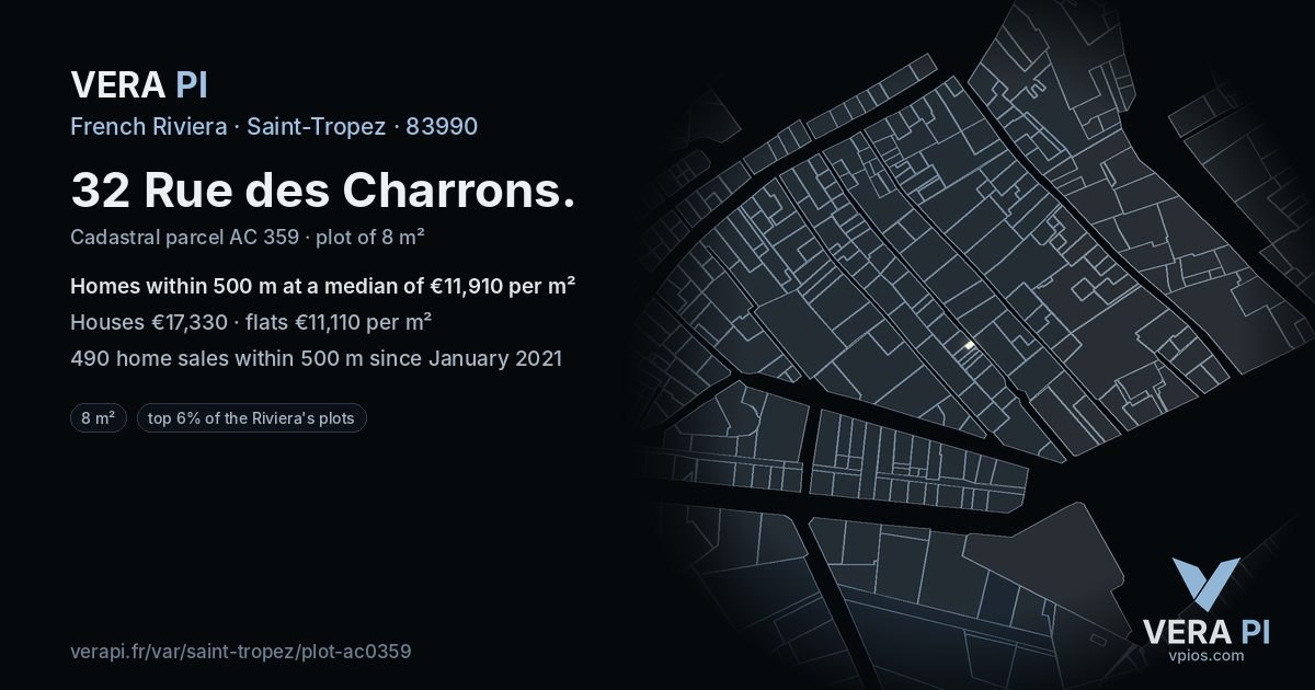 32 Rue des Charrons, Saint-Tropez at night – the plot lit, the parcels around coloured by the prices near them