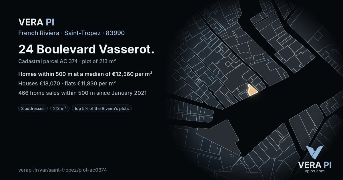 24 Boulevard Vasserot, Saint-Tropez at night – the plot lit, the parcels around coloured by the prices near them