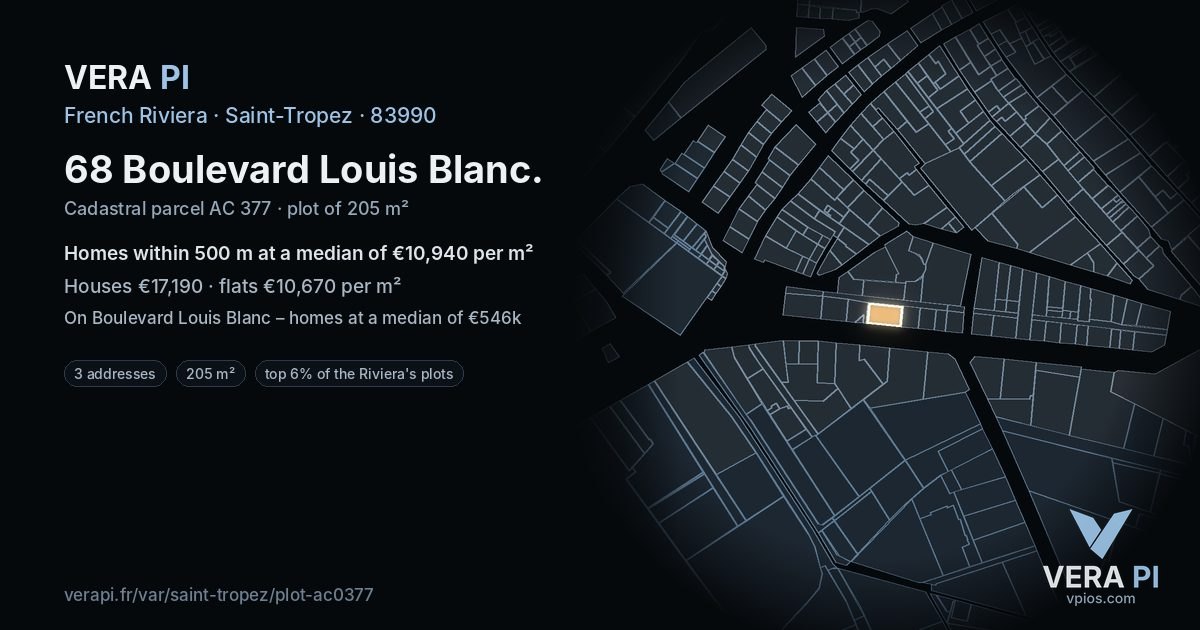 68 Boulevard Louis Blanc, Saint-Tropez at night – the plot lit, the parcels around coloured by the prices near them