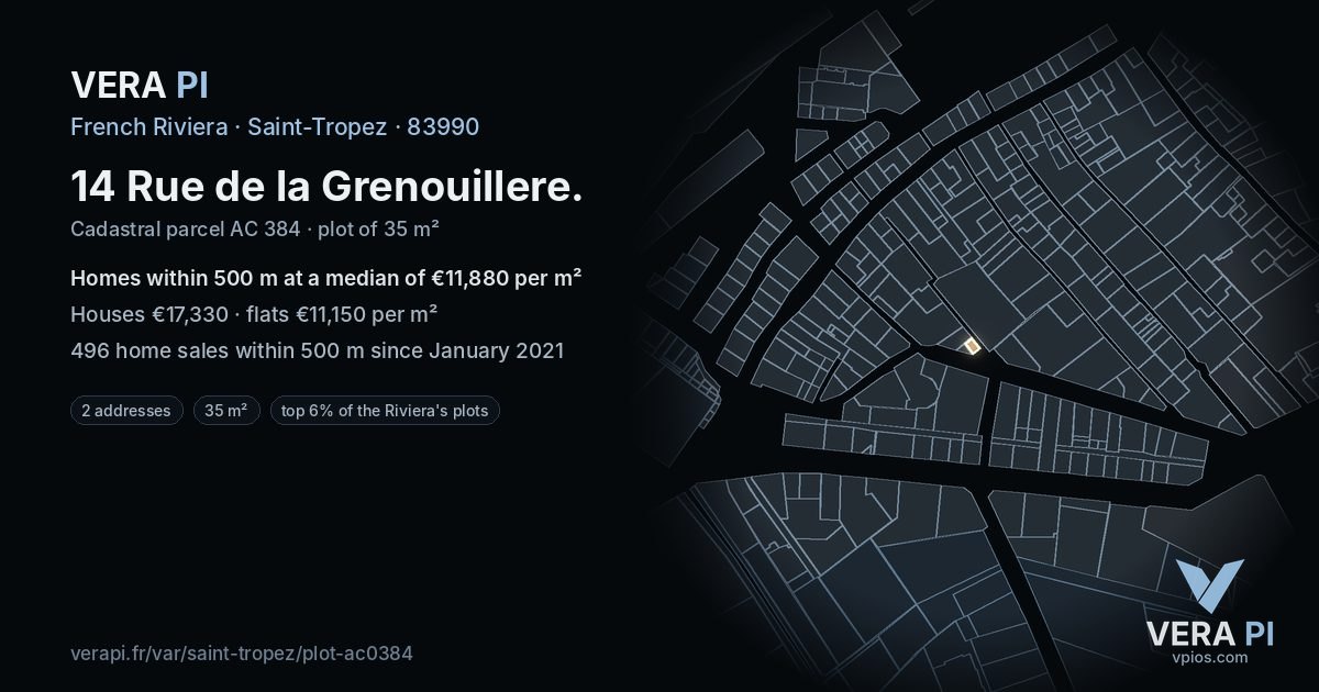 14 Rue de la Grenouillere, Saint-Tropez at night – the plot lit, the parcels around coloured by the prices near them