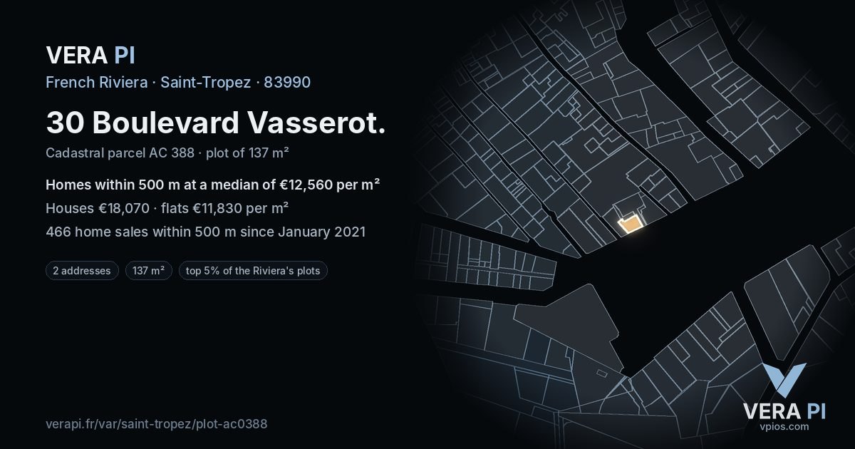 30 Boulevard Vasserot, Saint-Tropez at night – the plot lit, the parcels around coloured by the prices near them