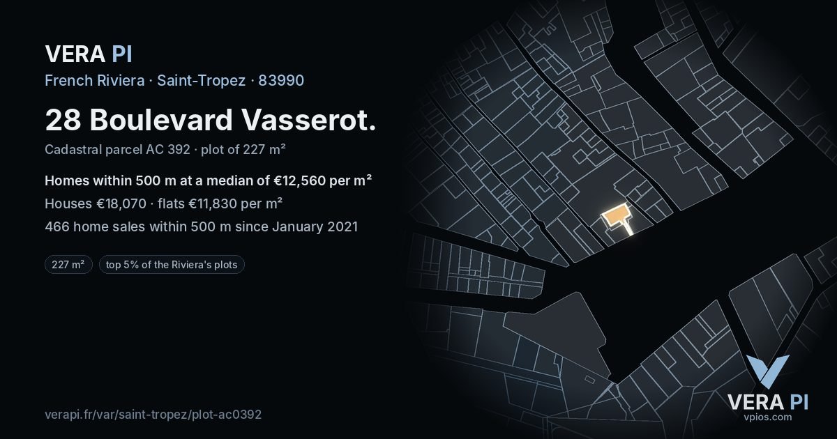 28 Boulevard Vasserot, Saint-Tropez at night – the plot lit, the parcels around coloured by the prices near them
