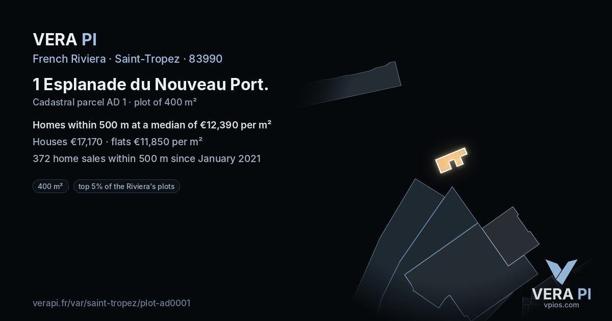 1 Esplanade du Nouveau Port, Saint-Tropez at night – the plot lit, the parcels around coloured by the prices near them