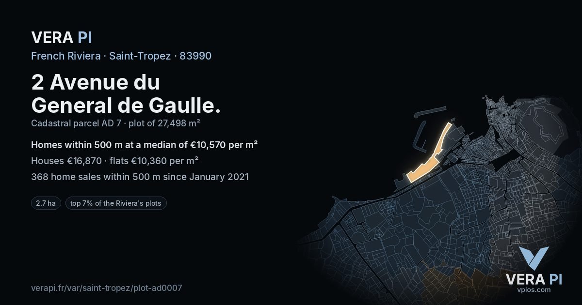 2 Avenue du General de Gaulle, Saint-Tropez at night – the plot lit, the parcels around coloured by the prices near them