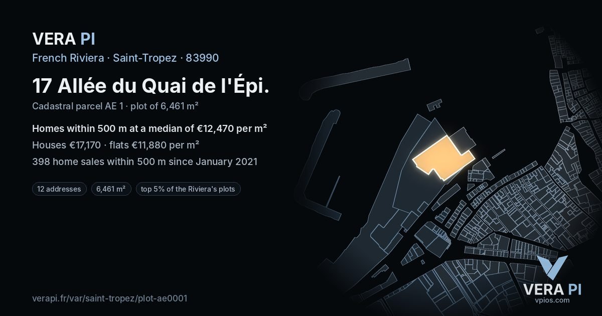 17 Allée du Quai de l'Épi, Saint-Tropez at night – the plot lit, the parcels around coloured by the prices near them