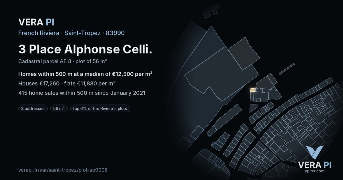 3 Place Alphonse Celli, Saint-Tropez at night – the plot lit, the parcels around coloured by the prices near them