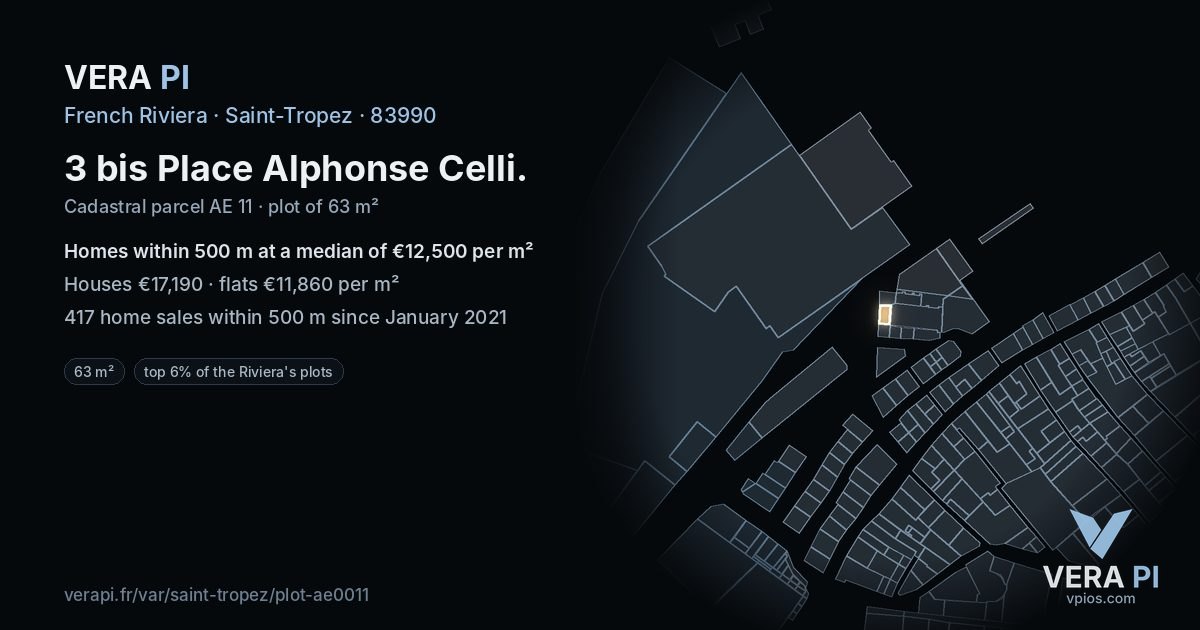 3 bis Place Alphonse Celli, Saint-Tropez at night – the plot lit, the parcels around coloured by the prices near them