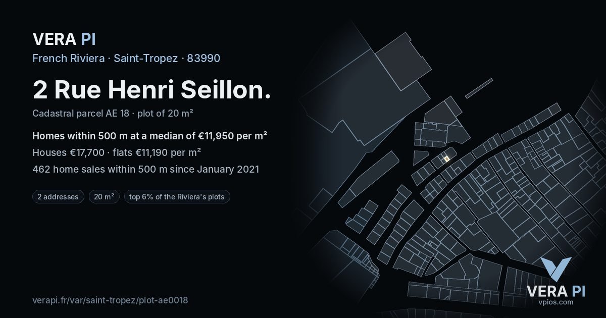 2 Rue Henri Seillon, Saint-Tropez at night – the plot lit, the parcels around coloured by the prices near them