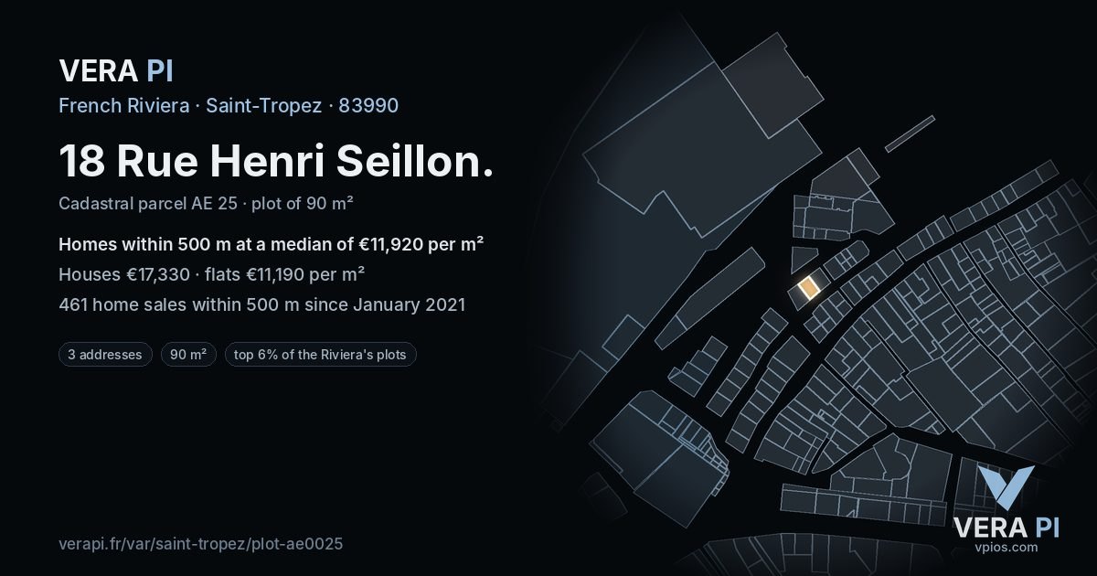 18 Rue Henri Seillon, Saint-Tropez at night – the plot lit, the parcels around coloured by the prices near them