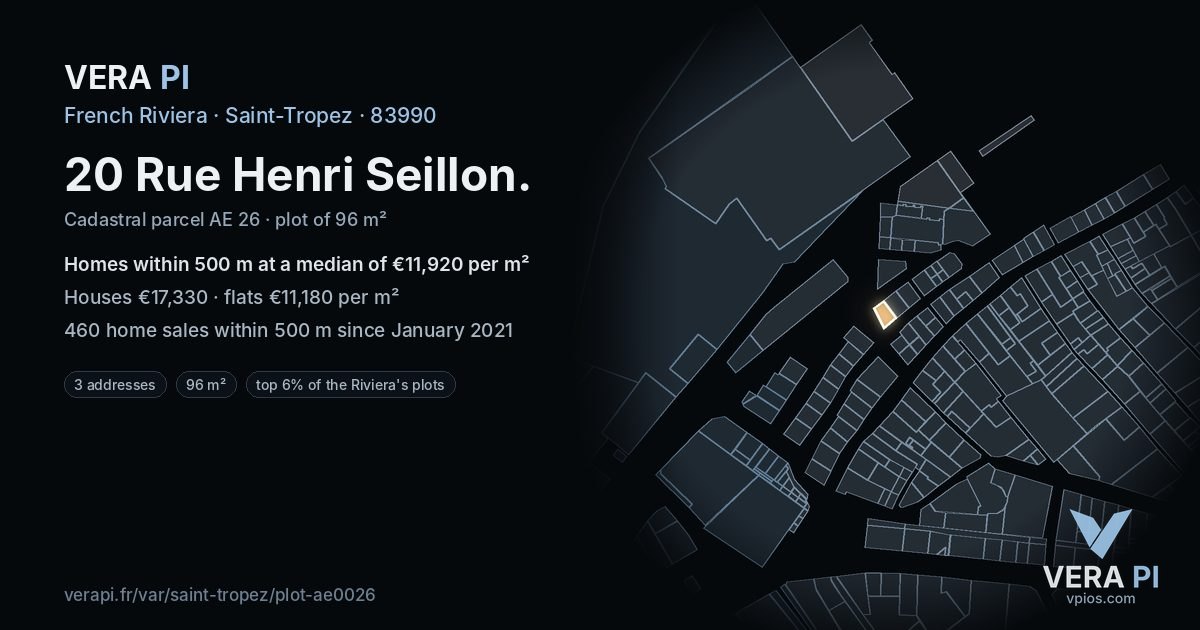 20 Rue Henri Seillon, Saint-Tropez at night – the plot lit, the parcels around coloured by the prices near them