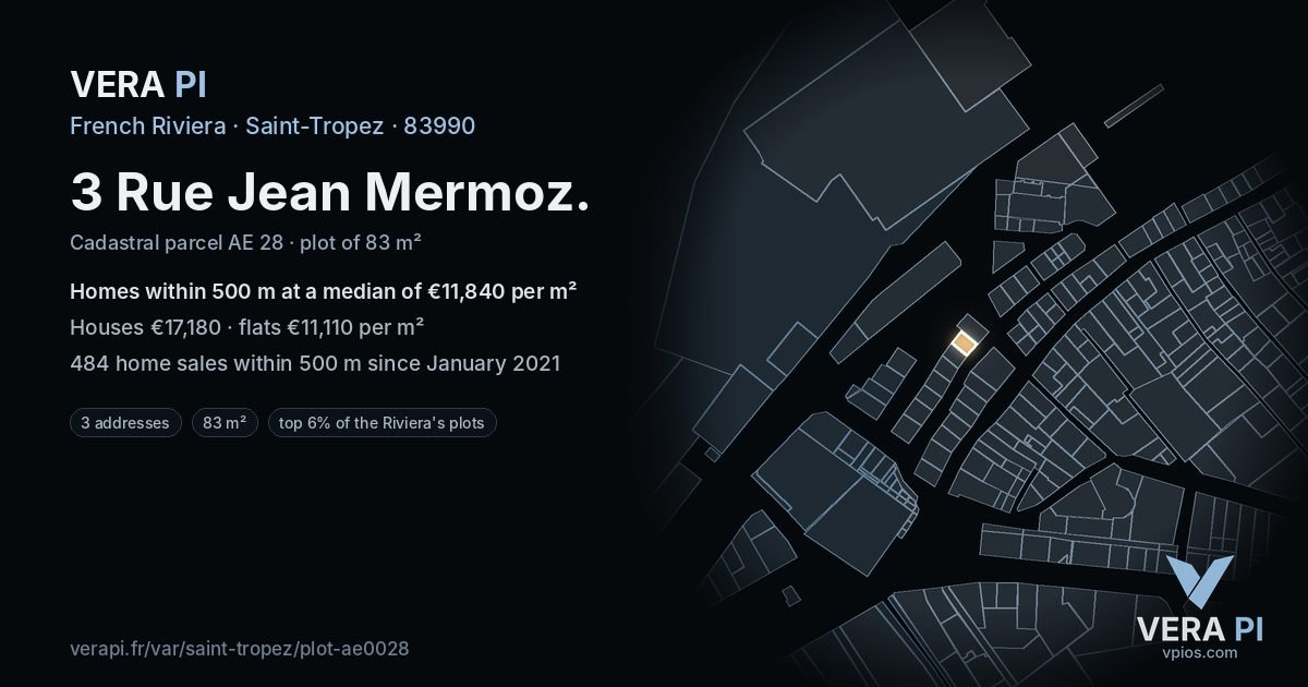 3 Rue Jean Mermoz, Saint-Tropez at night – the plot lit, the parcels around coloured by the prices near them