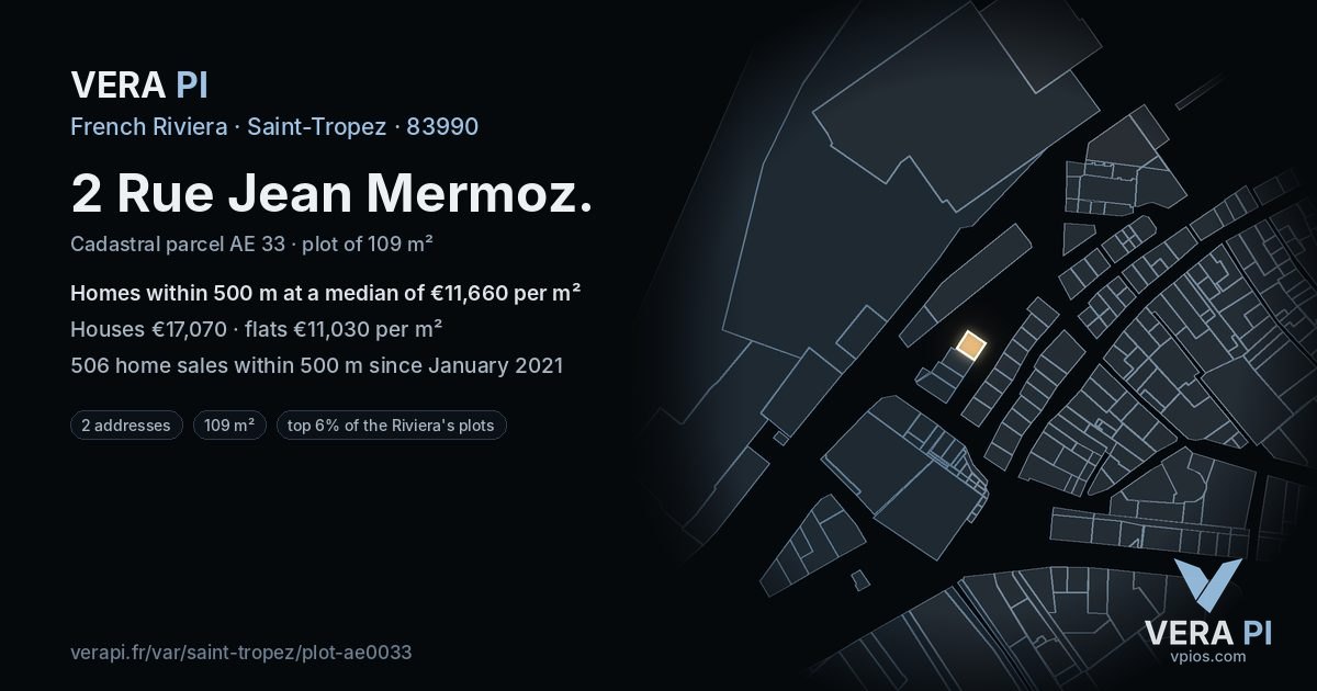 2 Rue Jean Mermoz, Saint-Tropez at night – the plot lit, the parcels around coloured by the prices near them
