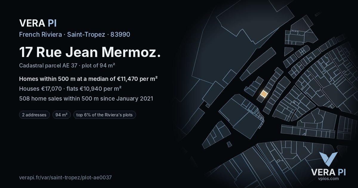 17 Rue Jean Mermoz, Saint-Tropez at night – the plot lit, the parcels around coloured by the prices near them