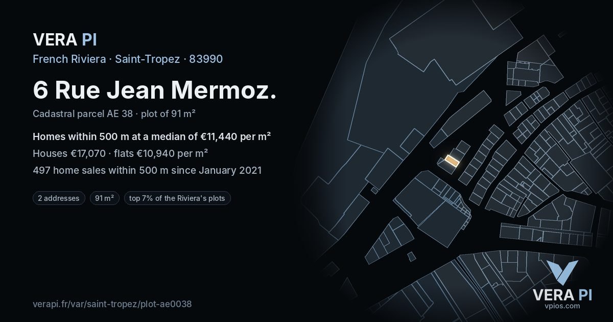 6 Rue Jean Mermoz, Saint-Tropez at night – the plot lit, the parcels around coloured by the prices near them