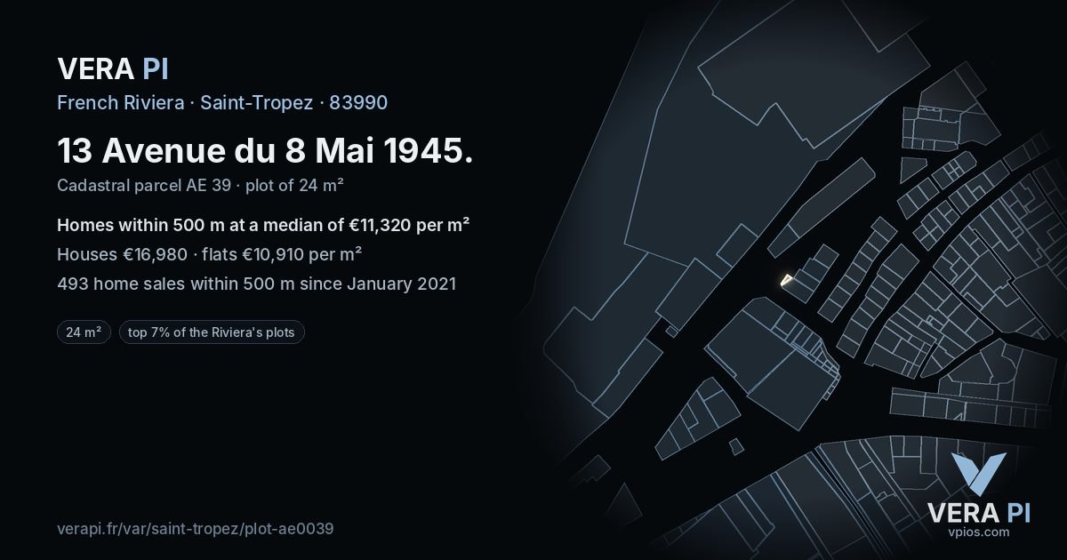 13 Avenue du 8 Mai 1945, Saint-Tropez at night – the plot lit, the parcels around coloured by the prices near them