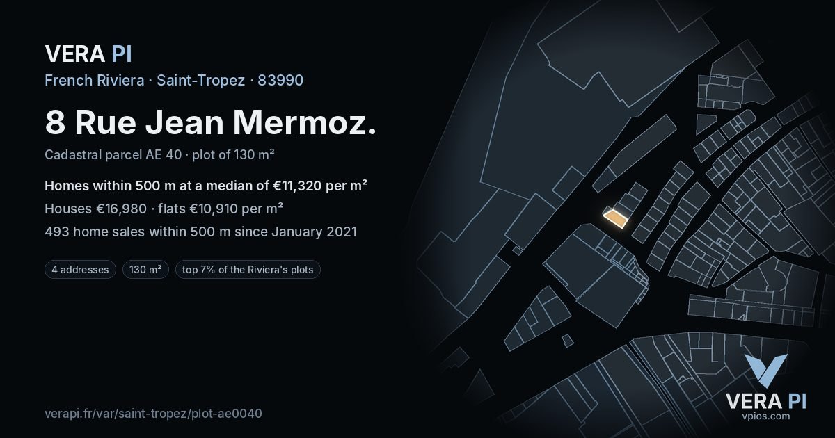 8 Rue Jean Mermoz, Saint-Tropez at night – the plot lit, the parcels around coloured by the prices near them