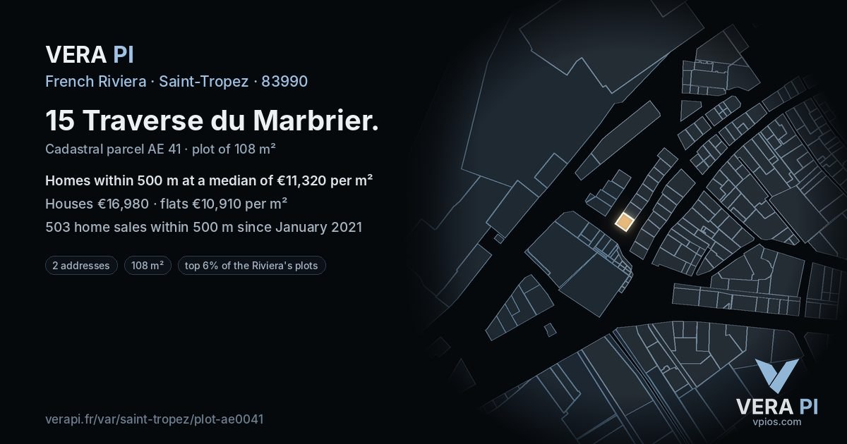 15 Traverse du Marbrier, Saint-Tropez at night – the plot lit, the parcels around coloured by the prices near them