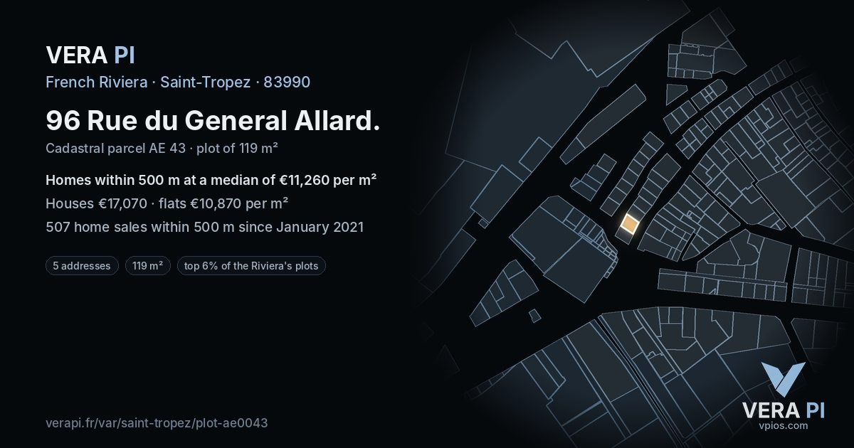 96 Rue du General Allard, Saint-Tropez at night – the plot lit, the parcels around coloured by the prices near them