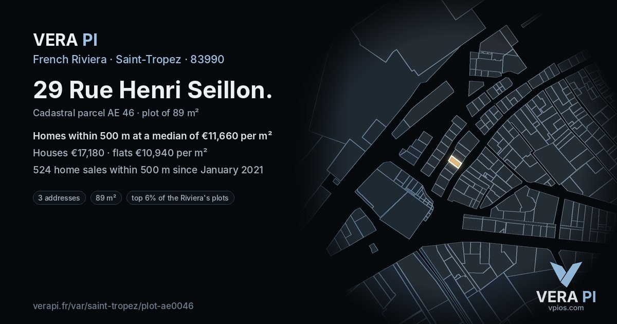29 Rue Henri Seillon, Saint-Tropez at night – the plot lit, the parcels around coloured by the prices near them