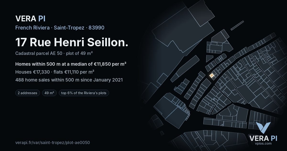17 Rue Henri Seillon, Saint-Tropez at night – the plot lit, the parcels around coloured by the prices near them