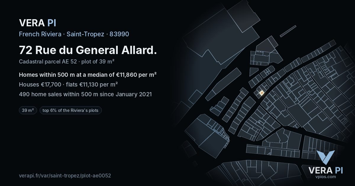 72 Rue du General Allard, Saint-Tropez at night – the plot lit, the parcels around coloured by the prices near them