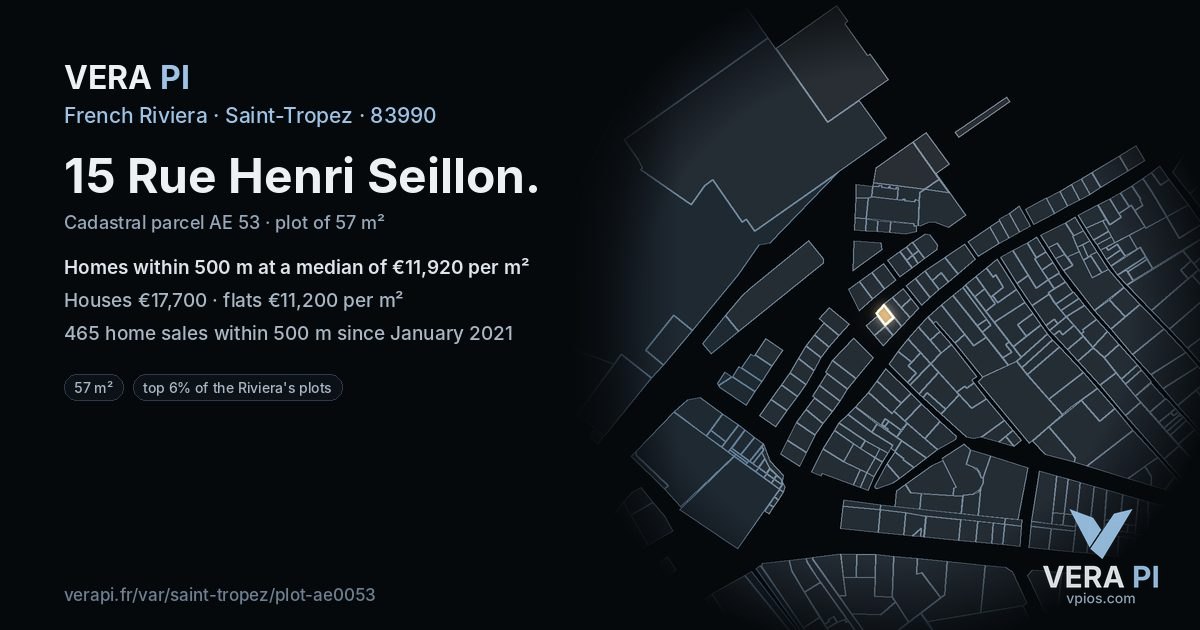 15 Rue Henri Seillon, Saint-Tropez at night – the plot lit, the parcels around coloured by the prices near them