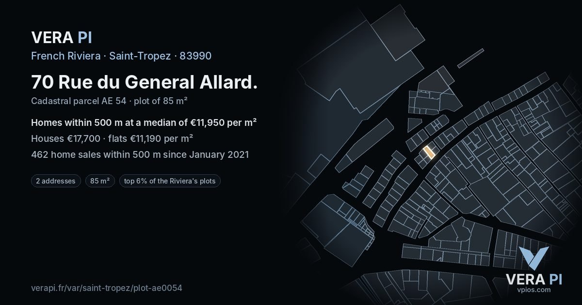 70 Rue du General Allard, Saint-Tropez at night – the plot lit, the parcels around coloured by the prices near them