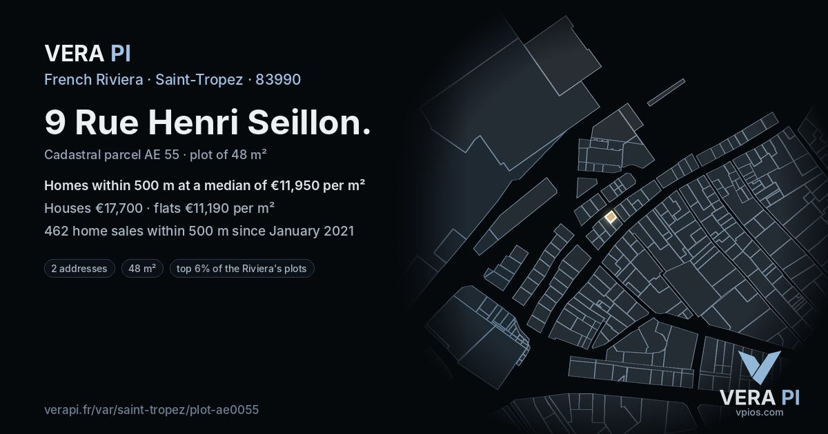 9 Rue Henri Seillon, Saint-Tropez at night – the plot lit, the parcels around coloured by the prices near them