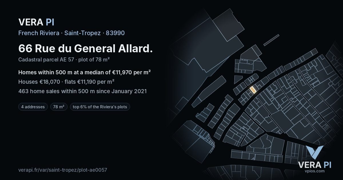 66 Rue du General Allard, Saint-Tropez at night – the plot lit, the parcels around coloured by the prices near them