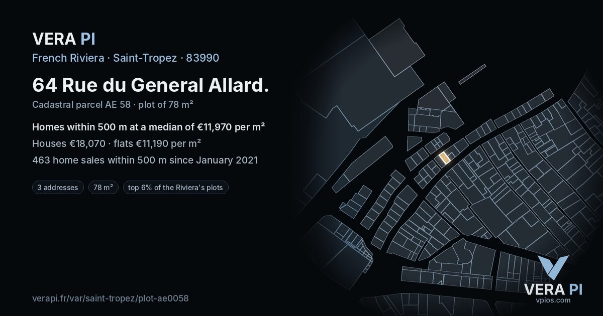 64 Rue du General Allard, Saint-Tropez at night – the plot lit, the parcels around coloured by the prices near them