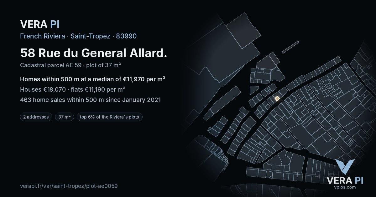 58 Rue du General Allard, Saint-Tropez at night – the plot lit, the parcels around coloured by the prices near them