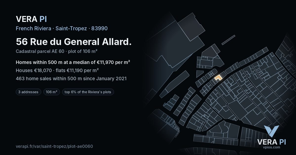 56 Rue du General Allard, Saint-Tropez at night – the plot lit, the parcels around coloured by the prices near them