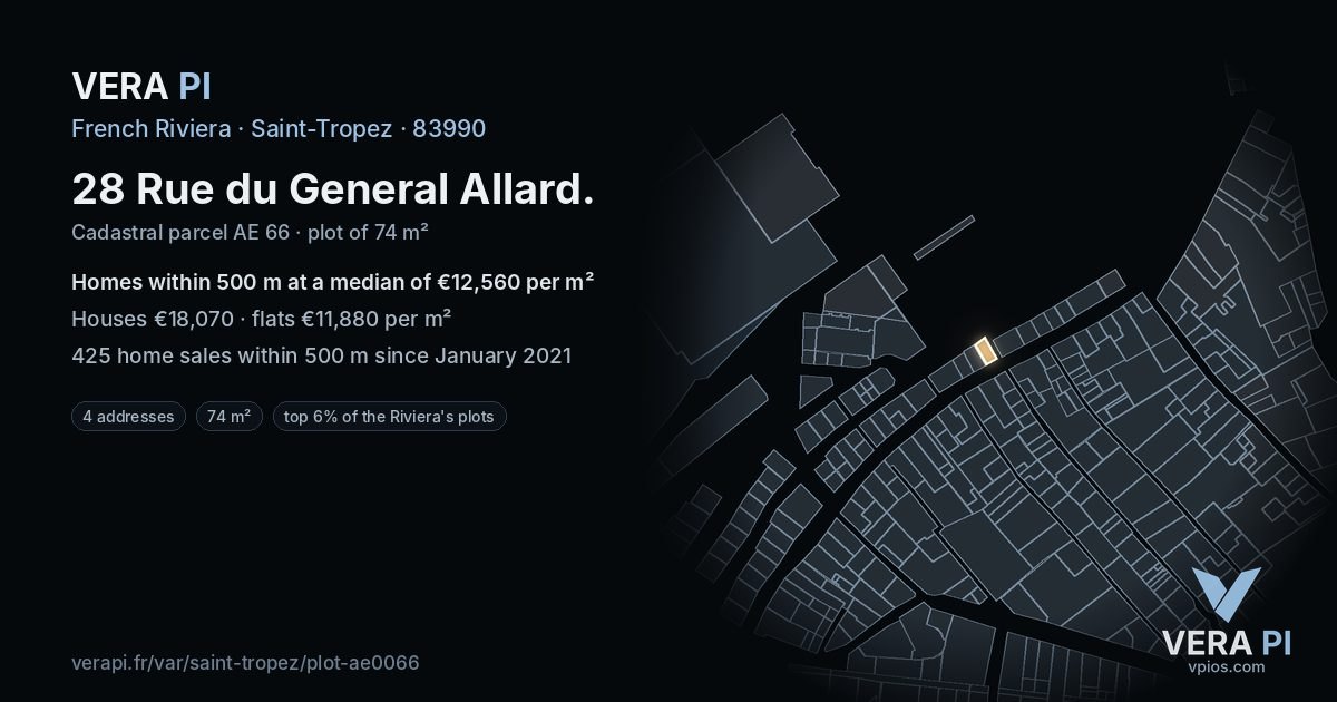 28 Rue du General Allard, Saint-Tropez at night – the plot lit, the parcels around coloured by the prices near them