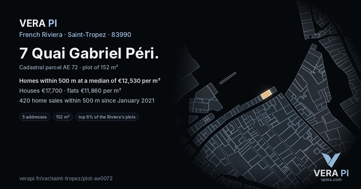 7 Quai Gabriel Péri, Saint-Tropez at night – the plot lit, the parcels around coloured by the prices near them