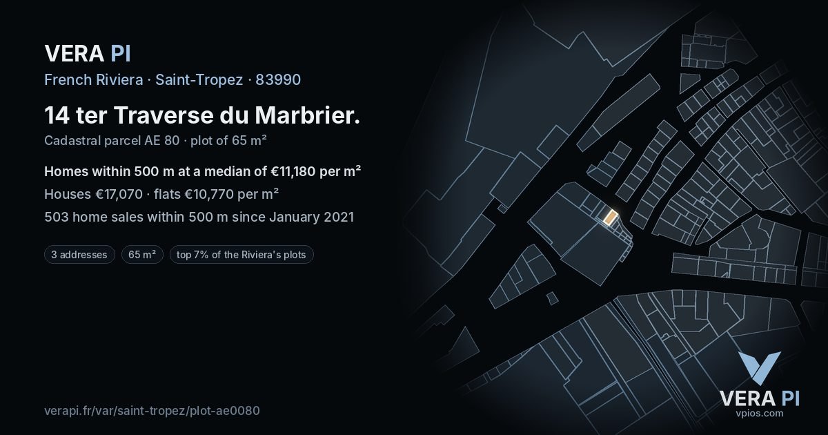 14 ter Traverse du Marbrier, Saint-Tropez at night – the plot lit, the parcels around coloured by the prices near them