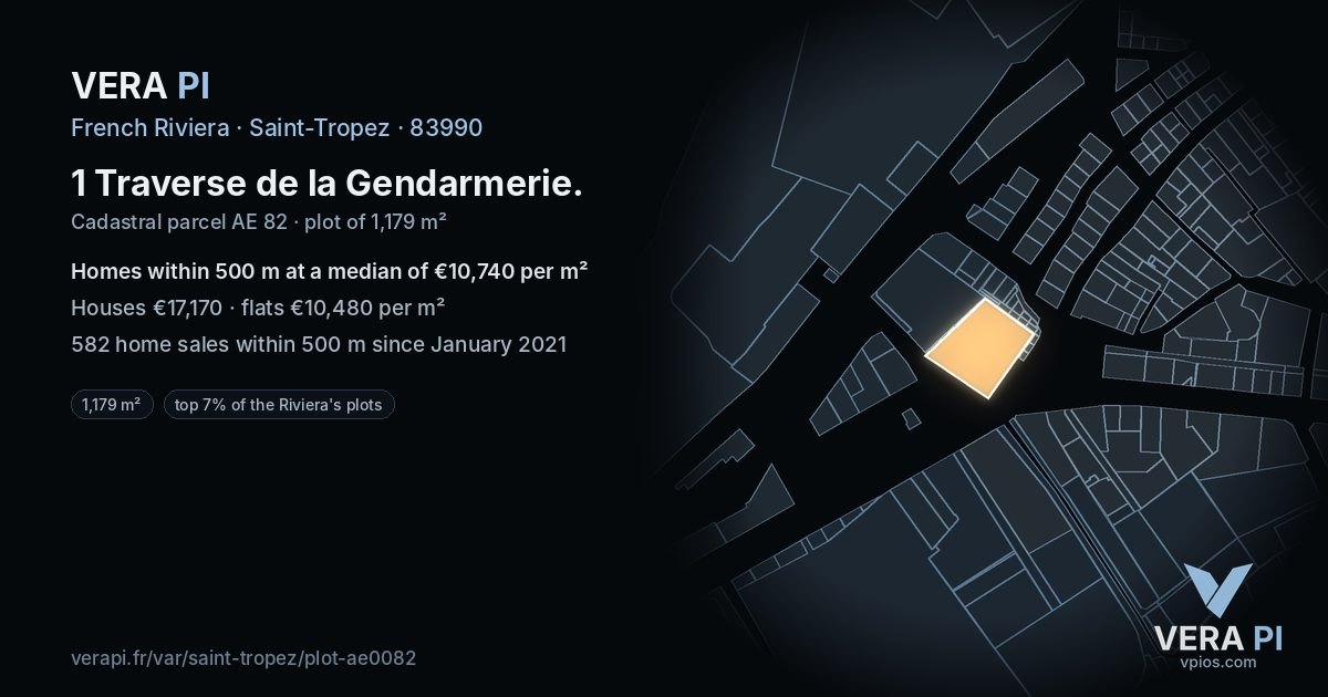 1 Traverse de la Gendarmerie, Saint-Tropez at night – the plot lit, the parcels around coloured by the prices near them