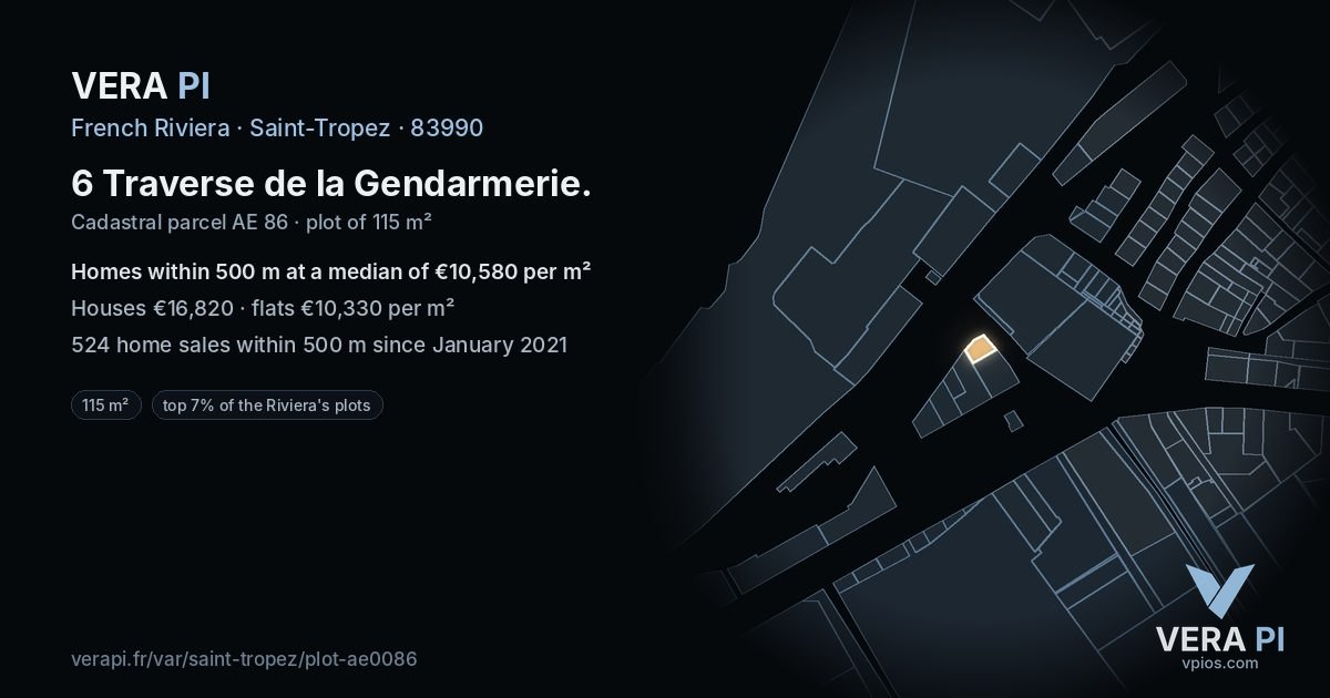 6 Traverse de la Gendarmerie, Saint-Tropez at night – the plot lit, the parcels around coloured by the prices near them