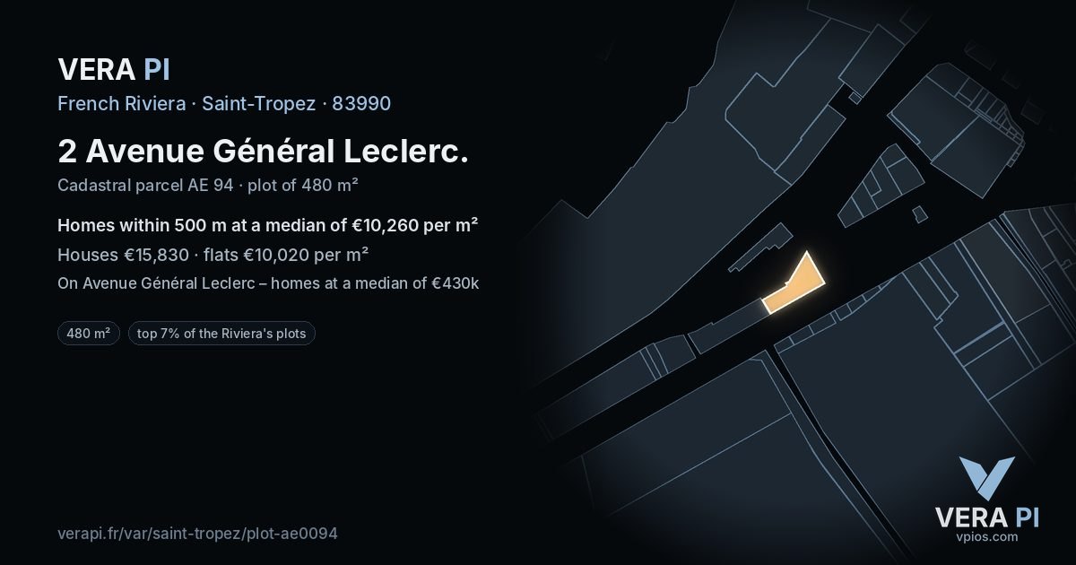 2 Avenue Général Leclerc, Saint-Tropez at night – the plot lit, the parcels around coloured by the prices near them