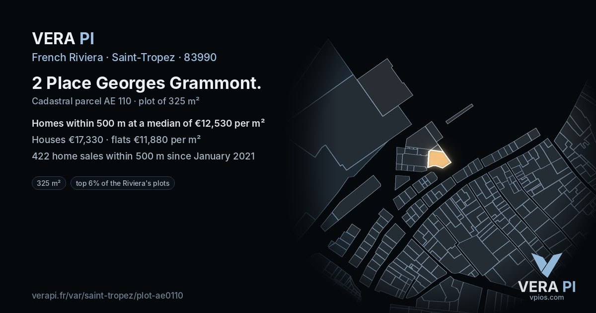 2 Place Georges Grammont, Saint-Tropez at night – the plot lit, the parcels around coloured by the prices near them