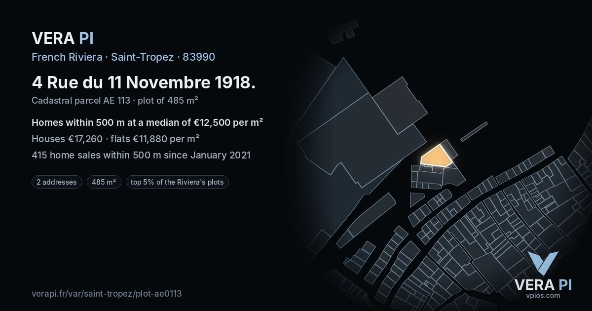 4 Rue du 11 Novembre 1918, Saint-Tropez at night – the plot lit, the parcels around coloured by the prices near them