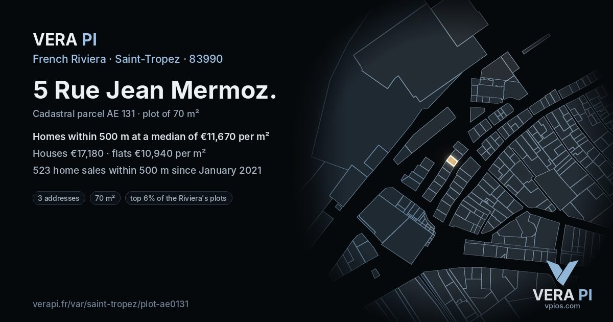 5 Rue Jean Mermoz, Saint-Tropez at night – the plot lit, the parcels around coloured by the prices near them