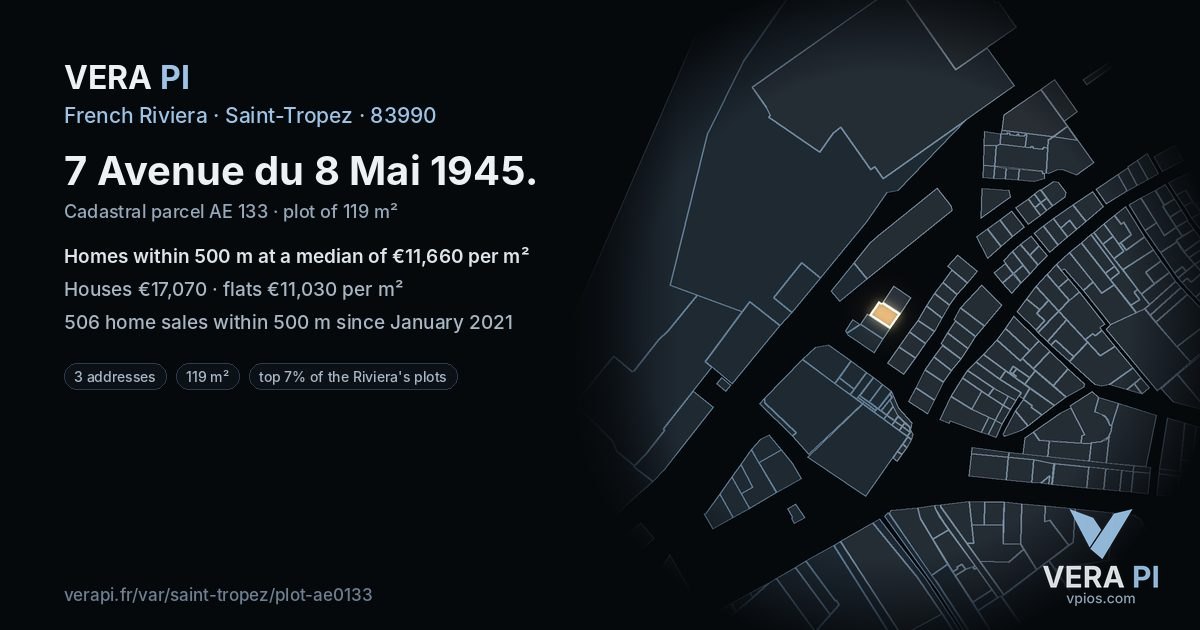 7 Avenue du 8 Mai 1945, Saint-Tropez at night – the plot lit, the parcels around coloured by the prices near them